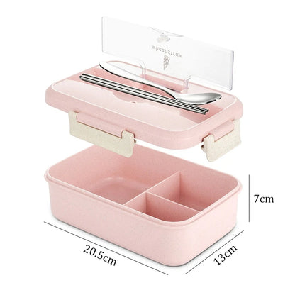 Microwaveable Bento Lunch Box with Spoon & Chopsticks – Wheat Straw Food Container for Kids, School & Office