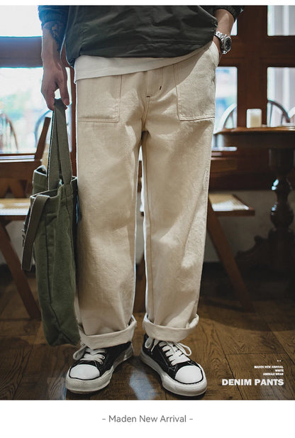Maden Vintage Style 11.2oz White Cottonseed Hull Loose Straight-Leg Jeans for Men – Casual Spring &amp; Autumn Chino-Inspired Cargo Trousers &nbsp;