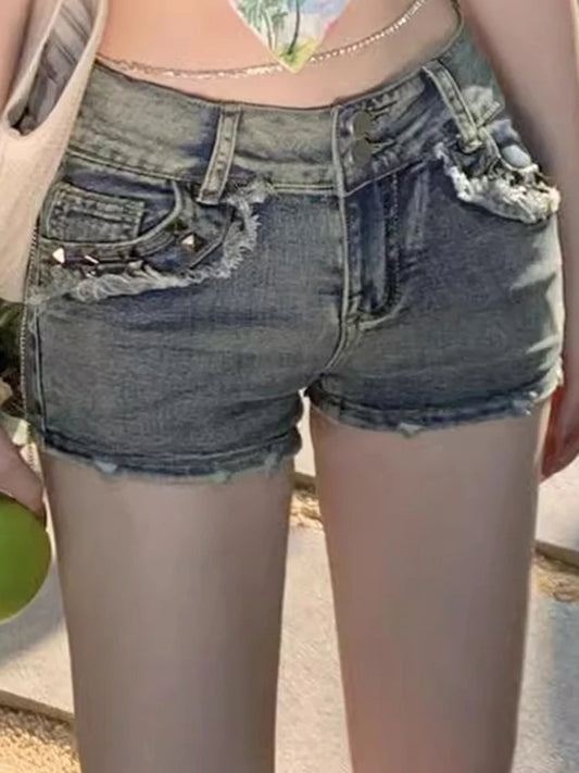 Women’s Korean Retro Y2K High-Waist Blue Hot Shorts Vintage Streetwear Elastic Hip Wrap Short Jeans
