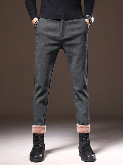 Men's Winter Fleece-Lined Slim Fit Pants – Thick Warm Straight-Leg Casual Business Trousers (Sizes 28-38)