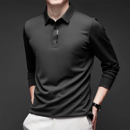 Men's Long Sleeve Polo Shirt – Solid Color, Business Casual, Stylish & Breathable Shirt with Badge Design