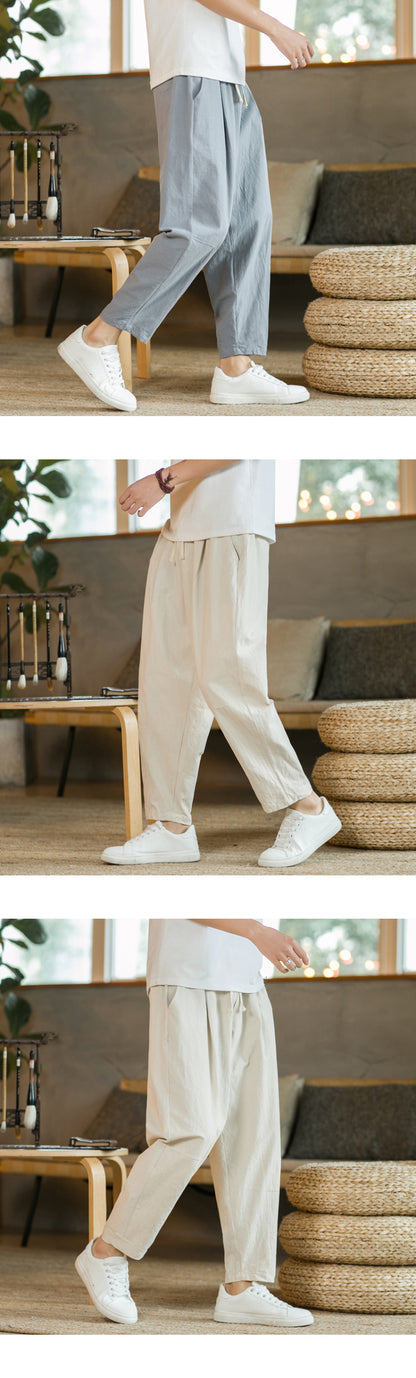 Men's Casual Cotton-Linen Pants – Breathable Loose-Fit Straight-Leg Drawstring Trousers in Solid Colors, Stylish Summer Streetwear