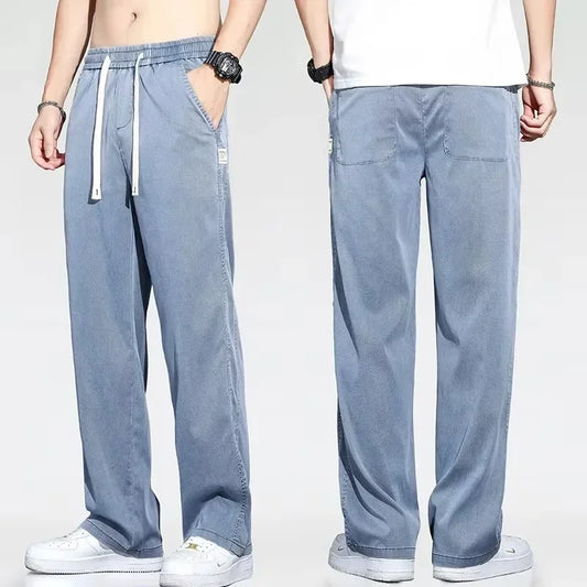 2025 Summer Men's Lightweight Lyocell Jeans – Loose Fit, Straight-Leg Casual Pants with Elastic Waist and Drawstring, Korean Style &nbsp;