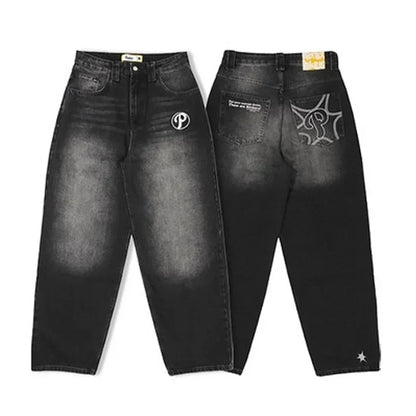 Streetwear PROTECT Embroidered Jeans for Men – Y2K Vintage Blue Baggy, High Waist, Wide Leg Harajuku Hip Hop Pants