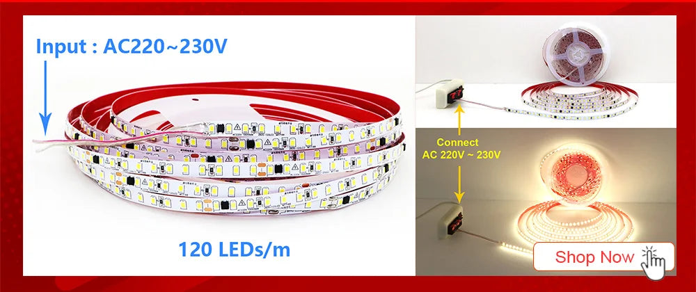 5M Flexible 2835 LED Strip Light, 240 LEDs/m, DC12V/24V – High Brightness, Cuttable Tape Light in Red, Green, Blue
