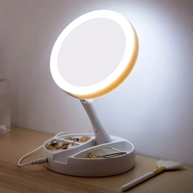 Dual-Powered LED Makeup Mirror – Portable Double-Sided Mirror with 10X Magnification, Battery/USB Operated