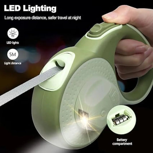 3/5M LED Retractable Dog Leash – Tangle-Free 360° Swivel Pet Walking Lead with Explosion-Proof Nylon Rope