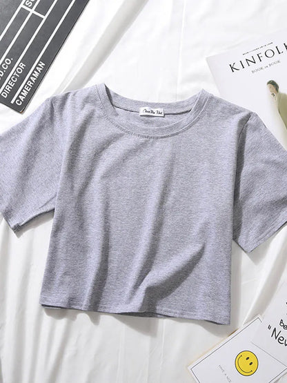 Women’s Summer Casual Cotton Short Sleeve Crop Top – Solid Color O-Neck Loose Fit T-ShirtT