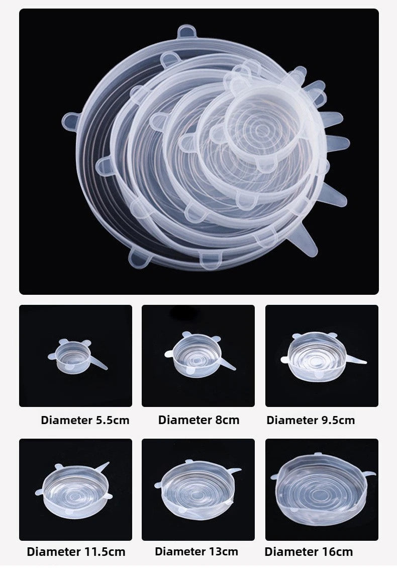 Set of 6 Food-Grade Silicone Stretch Lids – Universal Round Kitchen Covers with Airtight Seal, Reusable and BPA-Free for Food Storage