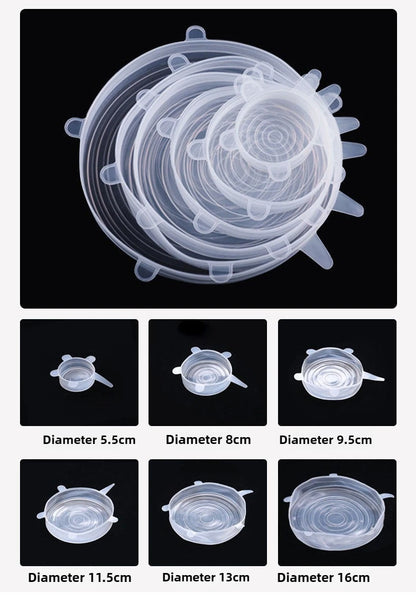 Set of 6 Food-Grade Silicone Stretch Lids – Universal Round Kitchen Covers with Airtight Seal, Reusable and BPA-Free for Food Storage
