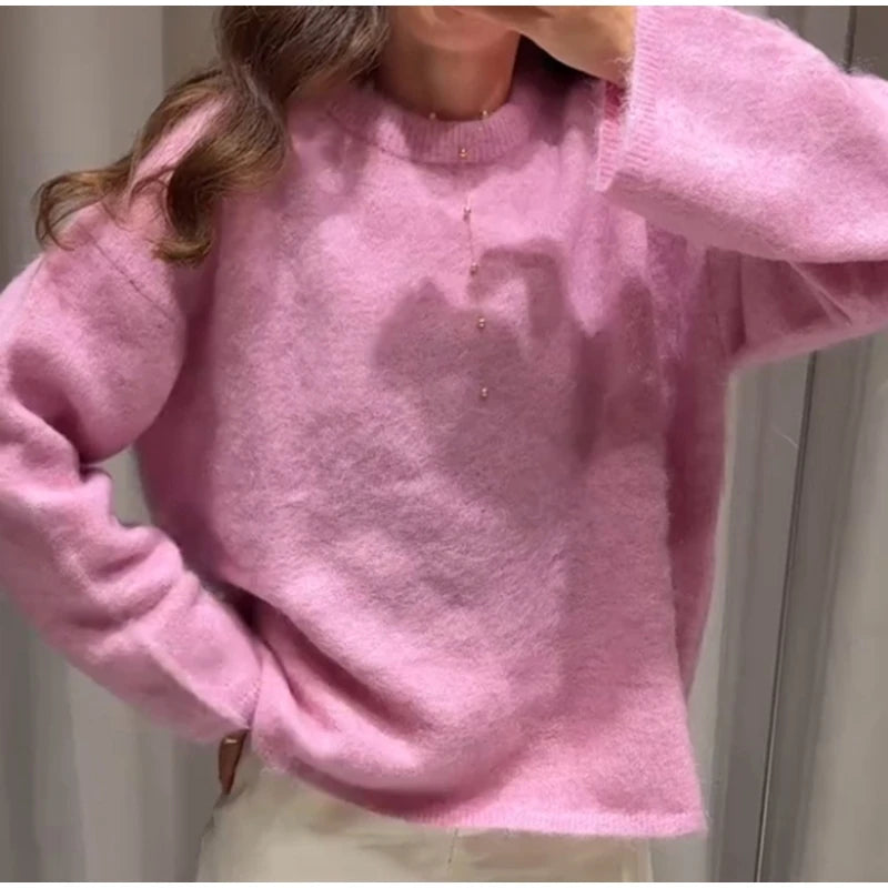 Women's Cozy Mohair Striped Knit Sweater – Warm O-Neck Pullover with Full Sleeves, Autumn 2025 Fashion