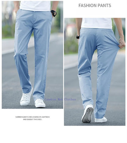 Men's Summer Lightweight Stretch Chino Pants – Loose Fit Cotton Trousers in Khaki, Blue, and Black – Plus Sizes 42 &amp; 44