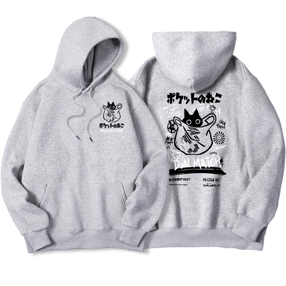 Y2K Harajuku Kawaii Cat Couple Print Hoodie – Unisex Oversized Fleece Pullover for Autumn, Warm Hip Hop Style Sweatshirt
