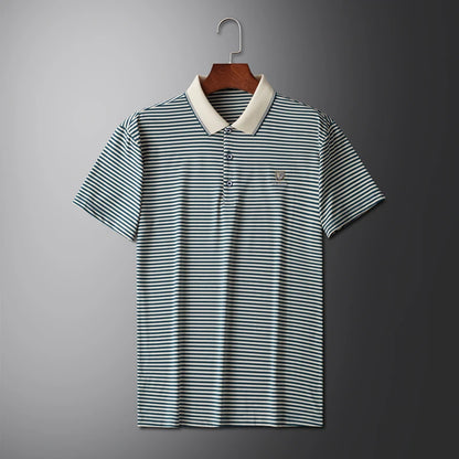 Premium Cotton Men's Summer Polo Shirt – 2024 Soft Short Sleeve Tee with Stripe Accents & Brand Badge Design