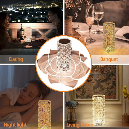 Rechargeable Crystal Rose Night Lamp – Acrylic Bedside Light with Touch Control for Romantic &amp; Ambient Home Decor