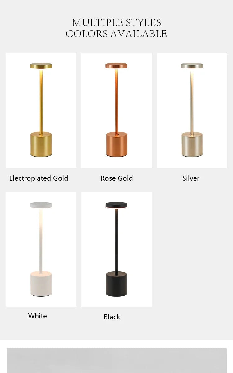 USB Rechargeable LED Night Lamp – Touch Control Table Light with 3 Color Modes, Metal Body, Ideal for Bedside, Hotel, Bar, or Bedroom Decor