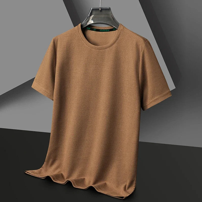 Men’s Summer Casual Waffle O-Neck Short Sleeve T-Shirt – Breathable Solid Color Fashion Tee