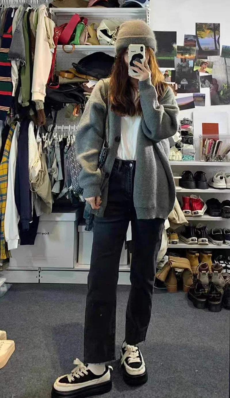 Casual Gray Mid-Length Knit Cardigan for Women with Pockets – Korean Style Open Front Sweater Coat for Autumn