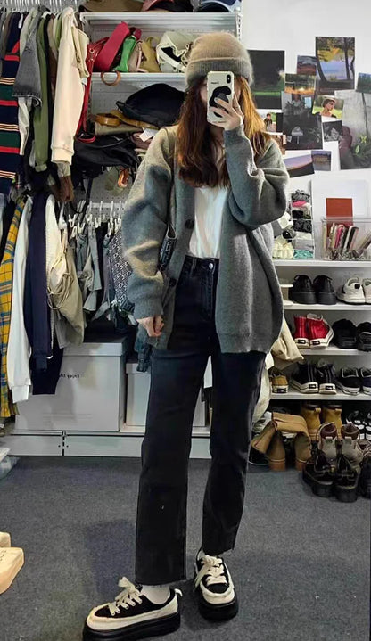 Casual Gray Mid-Length Knit Cardigan for Women with Pockets – Korean Style Open Front Sweater Coat for Autumn