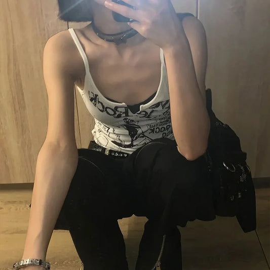 Y2K E-Girl Sleeveless Ribbed Knit Crop Tank Top with Punk Print – Women’s 2000s Grunge Fairycore Summer Tee in Korean Street Style &nbsp;