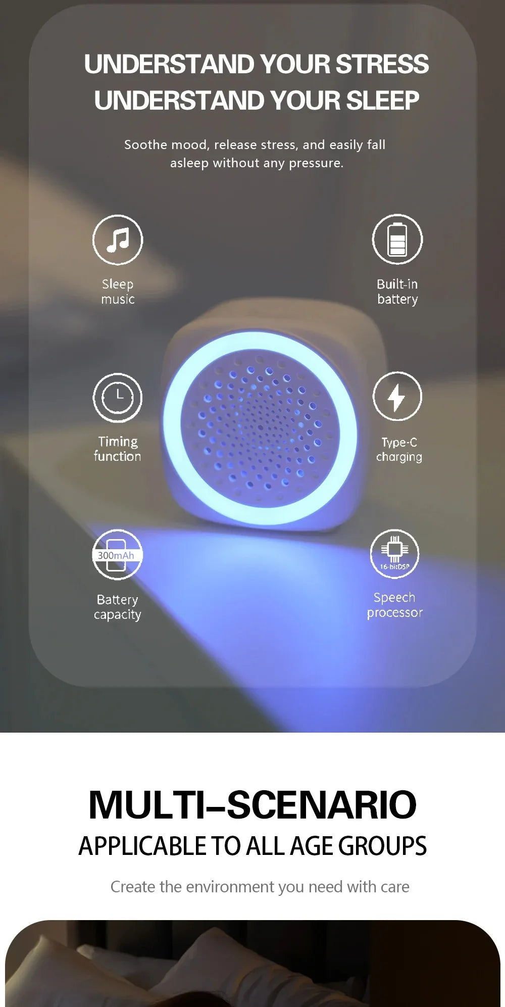 RGB Light Baby White Noise Machine with Timer, Sleep Sound Player, Night Light, USB Rechargeable - White