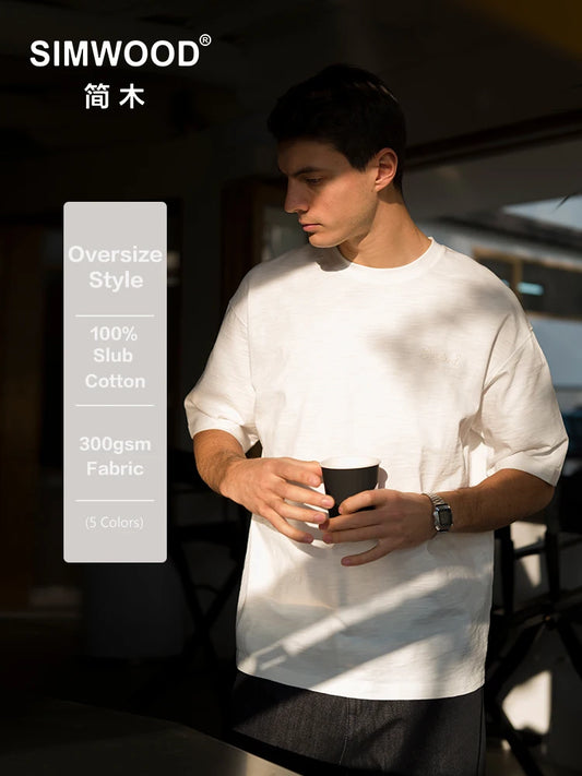 SIMWOOD 2025 Summer Oversized Heavyweight 300gsm Slub Cotton T-Shirt for Men with Letter Embroidery