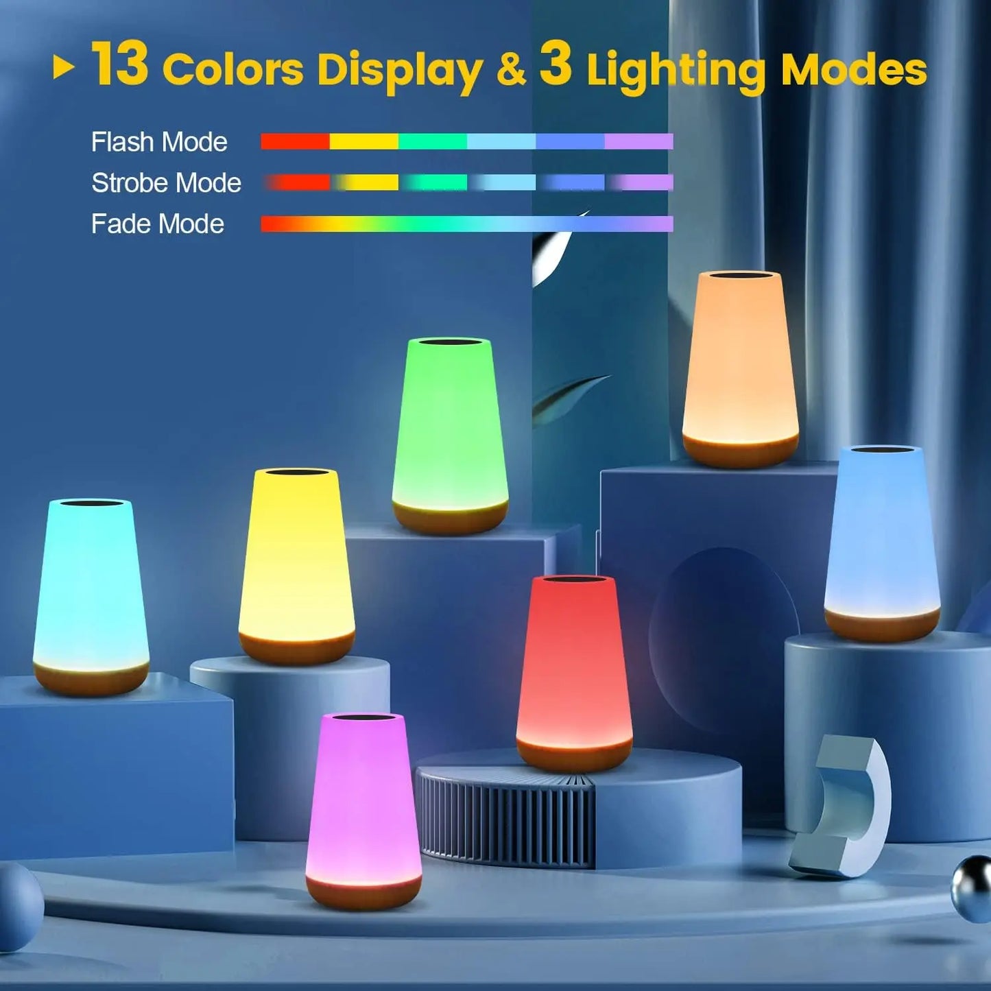 13-Color RGB Night Light – USB Rechargeable Touch &amp; Remote Control Dimmable Bedside Lamp for Table or Portable Use