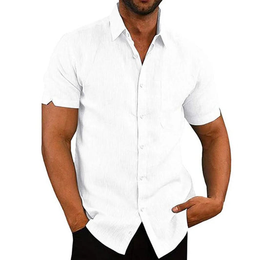 Men’s Summer Cotton Linen Short Sleeve Shirt – Casual & Formal Business Blouse, Lightweight Breathable Top