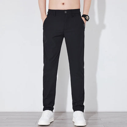 Men's Summer Silk-Feel Stretch Trousers – Lightweight Classic Business Casual Pants with Elastic Waist – Korean Style Smooth Suit Pants in Black or Gray