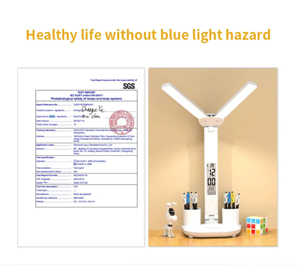 Foldable LED Table Lamp with Touch Dimming, USB Charging, Clock, Temperature Display &amp; Night Light – Ideal for Study &amp; Reading