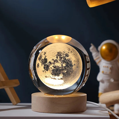 USB Rechargeable 3D Crystal Ball LED Night Light with Laser-Engraved Solar System Globe – Astronomy-Themed Birthday Gift for Bedroom and Home Desk Decoration