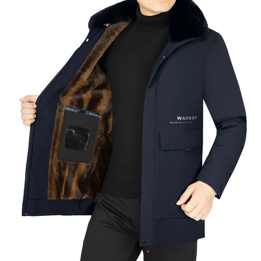 Men’s Solid Winter Parka with Fur Hood – Loose, Waterproof Fleece-Lined Vintage Streetwear Jacket