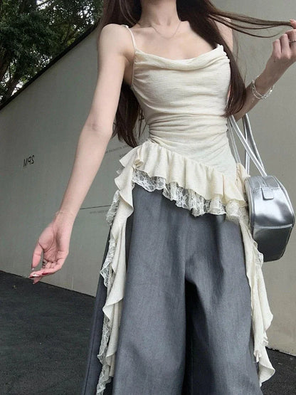 Y2K Aesthetic Lace Patchwork Ruffle Tank Top for Women – Harajuku Streetwear Irregular Pleated Bodycon Camisole