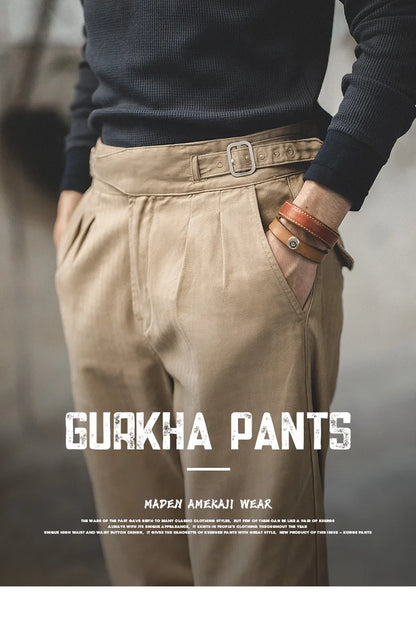 Classic Vintage Khaki Gurkha Pants for Men – Adjustable High Waist Casual Cargo Trousers for Spring and Fall