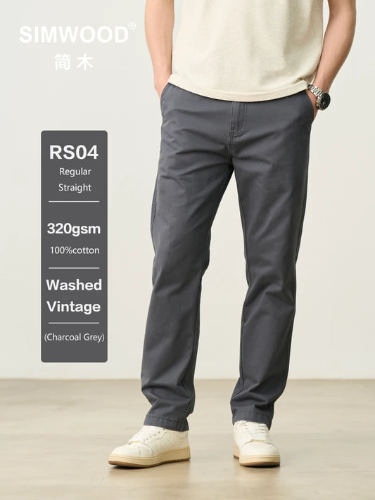 SIMWOOD Men’s Straight-Leg Chino Pants – 2025 Autumn Collection, 320gsm Washed Fabric, Plus Sizes Available