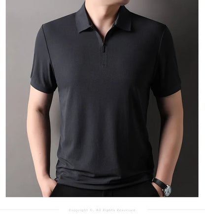 Men’s Slim Fit Half-Zip Polo Shirt – Light Beige Stretch Cotton Casual Top with Classic Collar