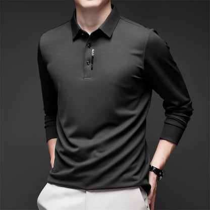 Men's Long Sleeve Polo Shirt – Solid Color, Business Casual, Stylish & Breathable Shirt with Badge Design