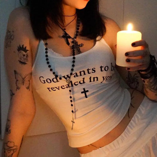 Women's Vintage Y2K Gothic Crop Tank Top – Aesthetic Letter Print Sleeveless Streetwear Corset-Inspired Tee &nbsp;