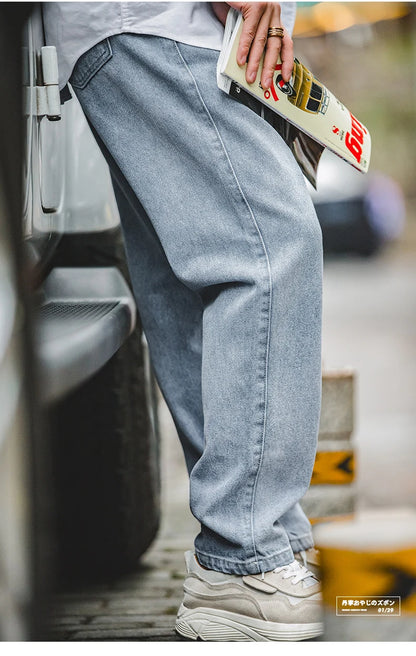 Maden Retro Washed Denim Jeans for Men – 12.8oz Loose Straight Baggy Fit, Oversized Fashion Pants in 2 Colors (Sizes 28–38)