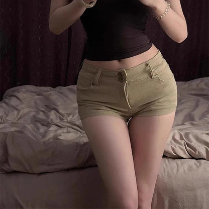 2025 Summer Women's Low-Rise Khaki Denim Shorts – Vintage Y2K Slim Fit Hot Pants for Sexy Street Style