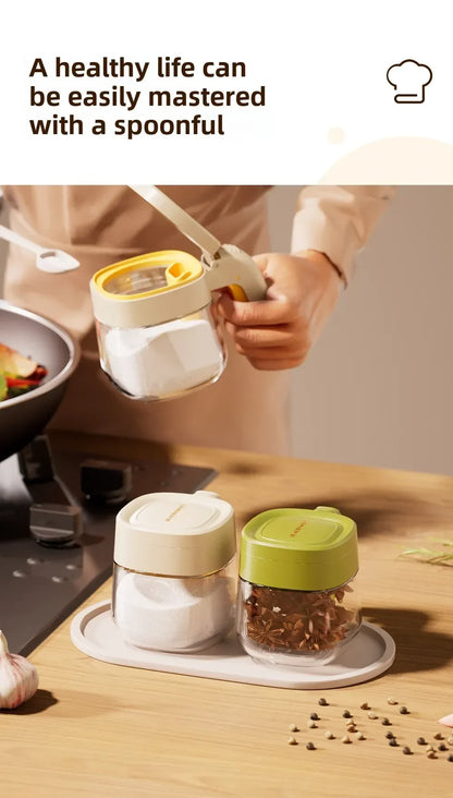 Transparent Glass Spice Jar with Spoon – Flip Cover Seasoning Container for Salt, MSG, Chicken Essence, and More