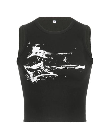 Y2K Ribbed Sleeveless Crop Tank Top for Women – Guitar Print Grunge Harajuku 90s Streetwear Casual Vest Tee