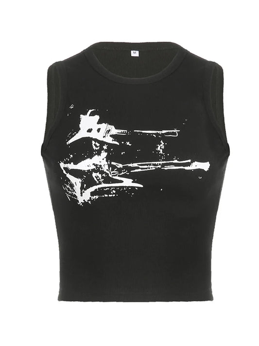 Y2K Ribbed Sleeveless Crop Tank Top for Women – Guitar Print Grunge Harajuku 90s Streetwear Casual Vest Tee