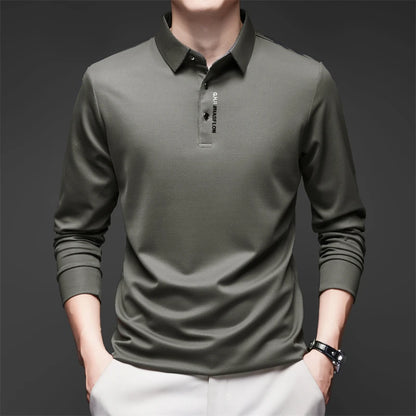 Men's Long Sleeve Polo Shirt – Solid Color, Business Casual, Stylish & Breathable Shirt with Badge Design