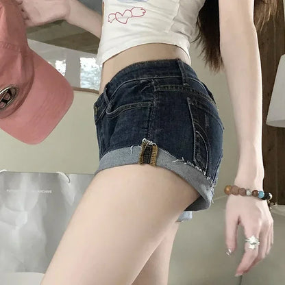 2024 New Summer Women’s Y2K Style Denim Shorts, Sexy Low-Waist Hot Pants, Korean Deep Blue Hip-Hugging Jeans