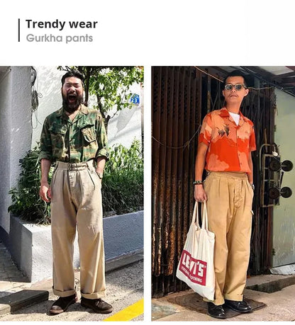 Classic Vintage Khaki Gurkha Pants for Men – Adjustable High Waist Casual Cargo Trousers for Spring and Fall