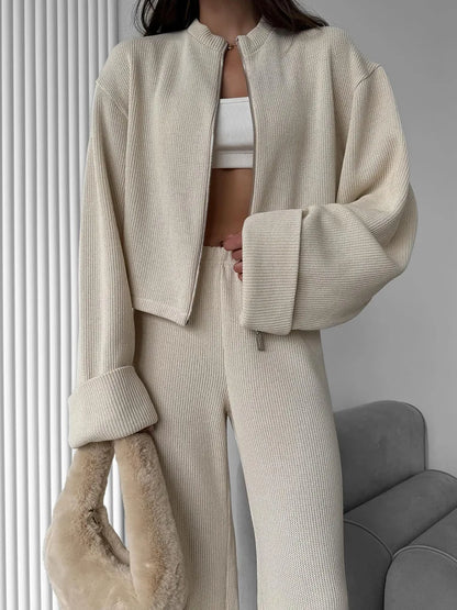 Tornova Women's Elegant Knit Two-Piece Set – Zipper Jacket & Wide-Leg Pants Casual Outfit