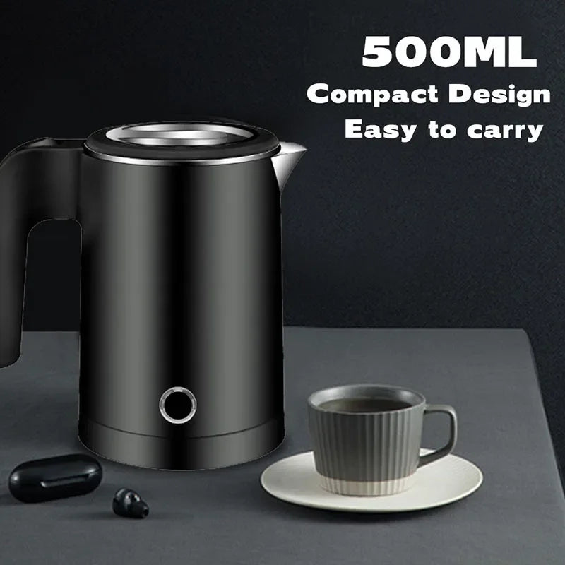 500ML Portable Electric Travel Kettle – Stainless Steel Water Boiler for Tea, Coffee, and More – Ideal for Home, Hotel &amp; Kitchen Use
