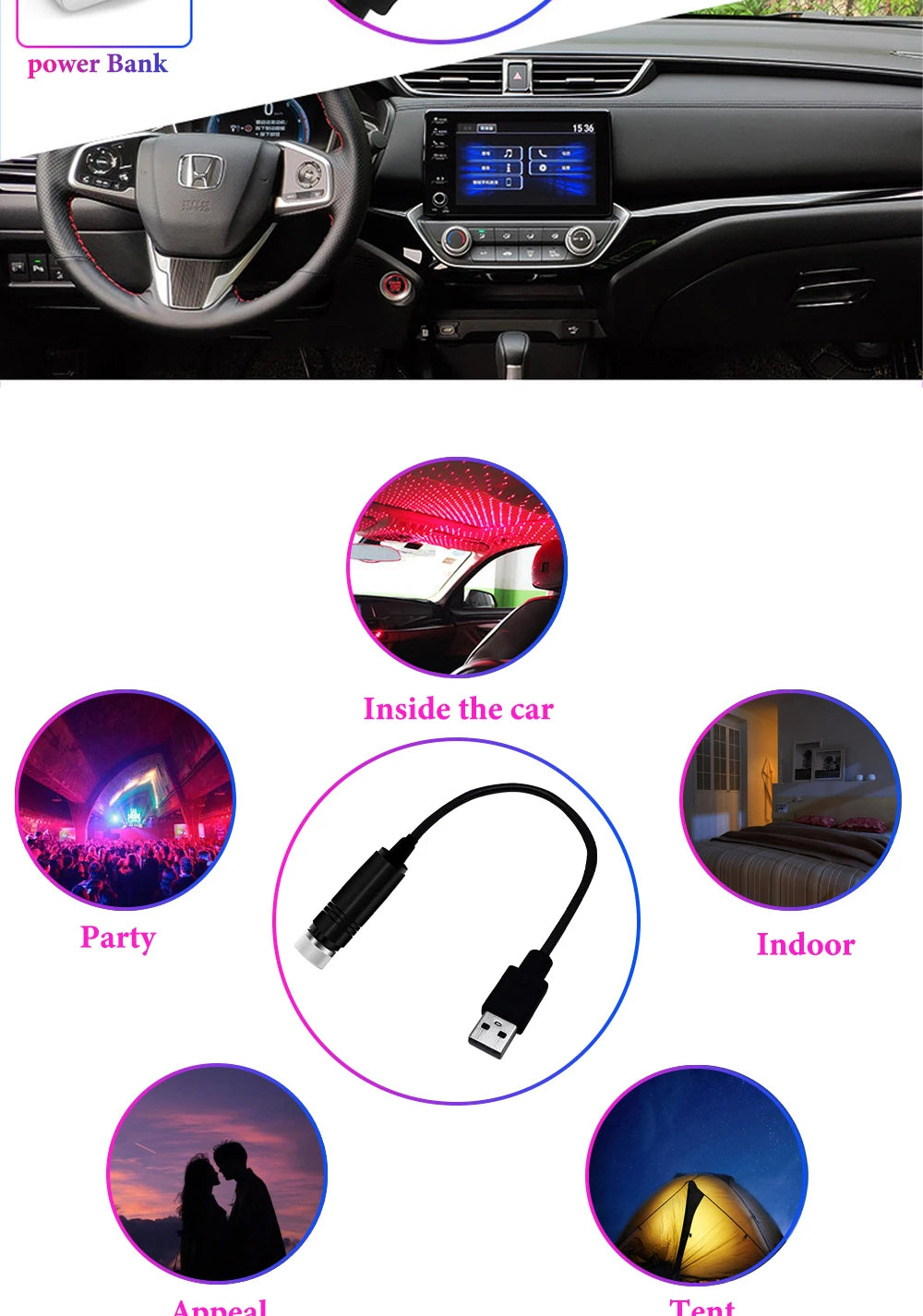 USB LED Starry Sky Projector Light – Car Interior Ambient Light, Spot Lamp, Decorative Atmosphere Lighting