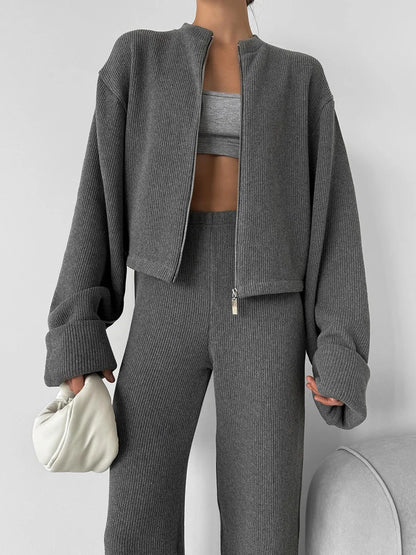 Tornova Women's Elegant Knit Two-Piece Set – Zipper Jacket & Wide-Leg Pants Casual Outfit
